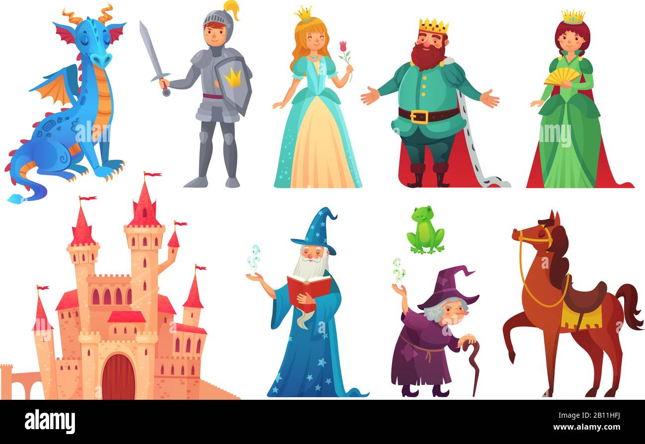 Personajes de cuentos de hadas. Fantasy caballero y dragón, príncipe y princesa, reina del mundo mágico y rey aislado juego de vectores de dibujos animados Ilustración del Vector