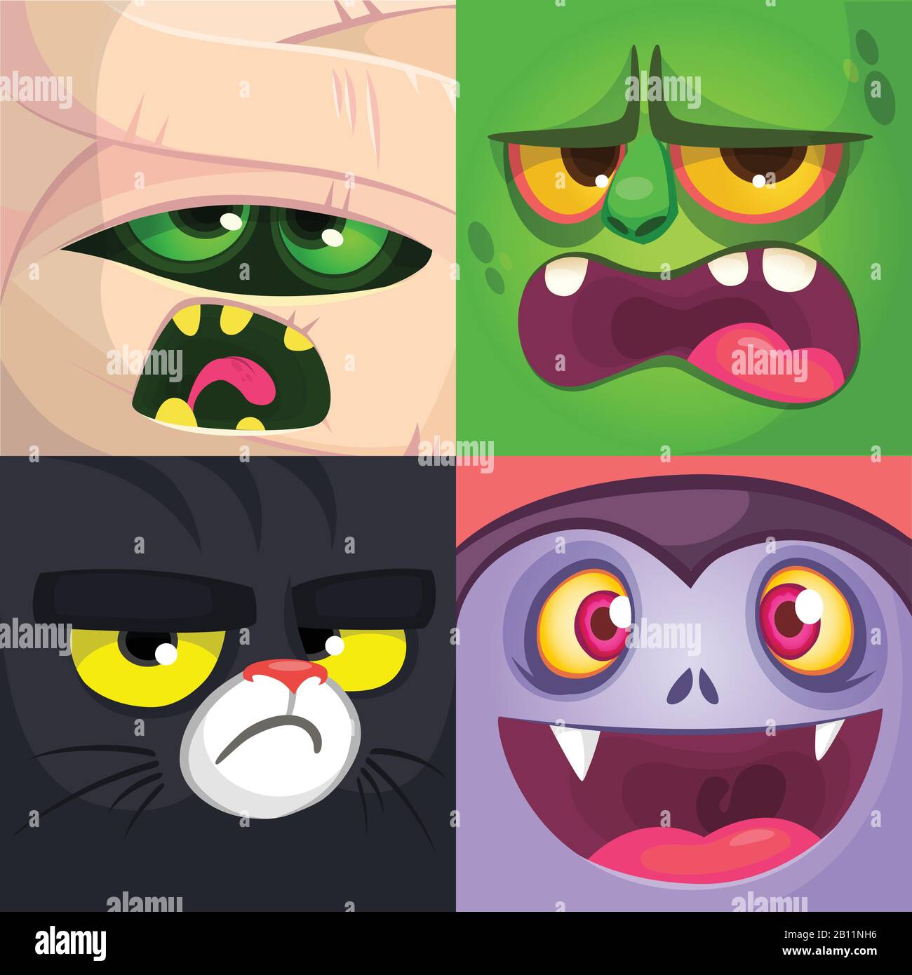 Avatares cuadrados de Halloween. Mamá, zombi, gato negro, vampiro. Ilustraciones de dibujos animados vectoriales Ilustración del Vector