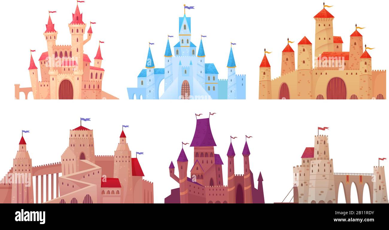 Torres del castillo medieval. Exterior de la mansión Fairytail, castillos de fortaleza rey y palacio fortificado con puerta de dibujos animados vector conjunto Ilustración del Vector
