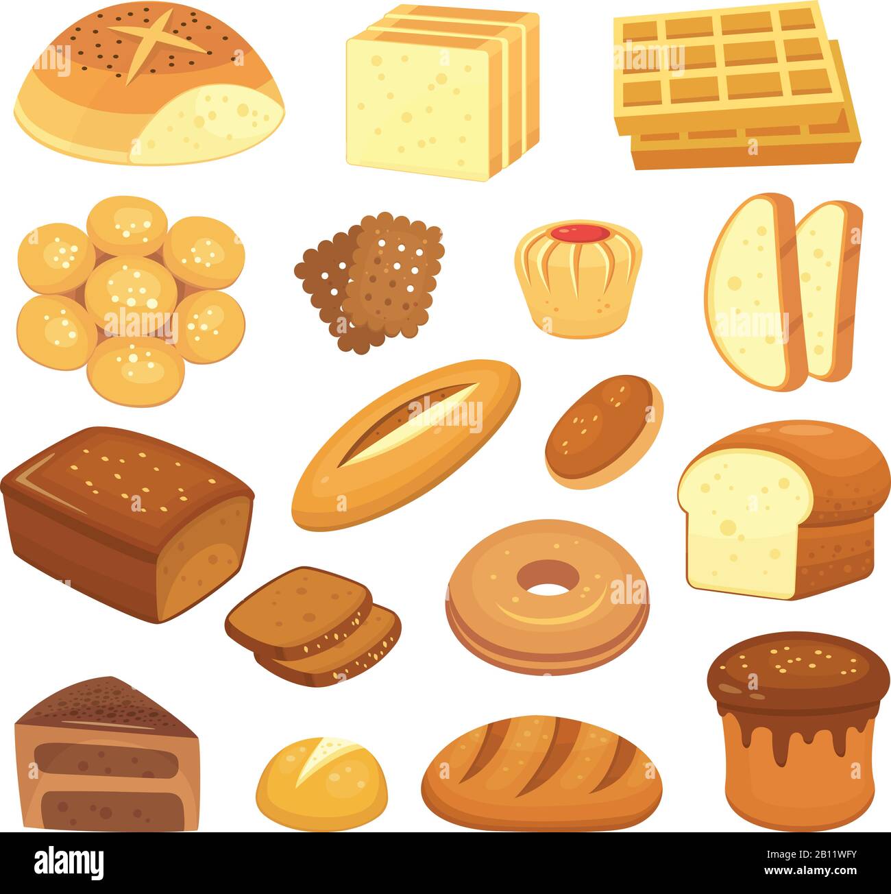 Productos de panadería de dibujos animados. Pan tostado, bollo francés y bagel de desayuno. Panes de grano entero, juego de ilustraciones de vectores de bollo dulce y pan Imagen Vector de stock - Productos de panadería de dibujos animados. Pan tostado, bollo francés y bagel de desayuno. Panes de grano entero, juego de ilustraciones de vectores de bollo dulce y pan Imagen Vector de stock -