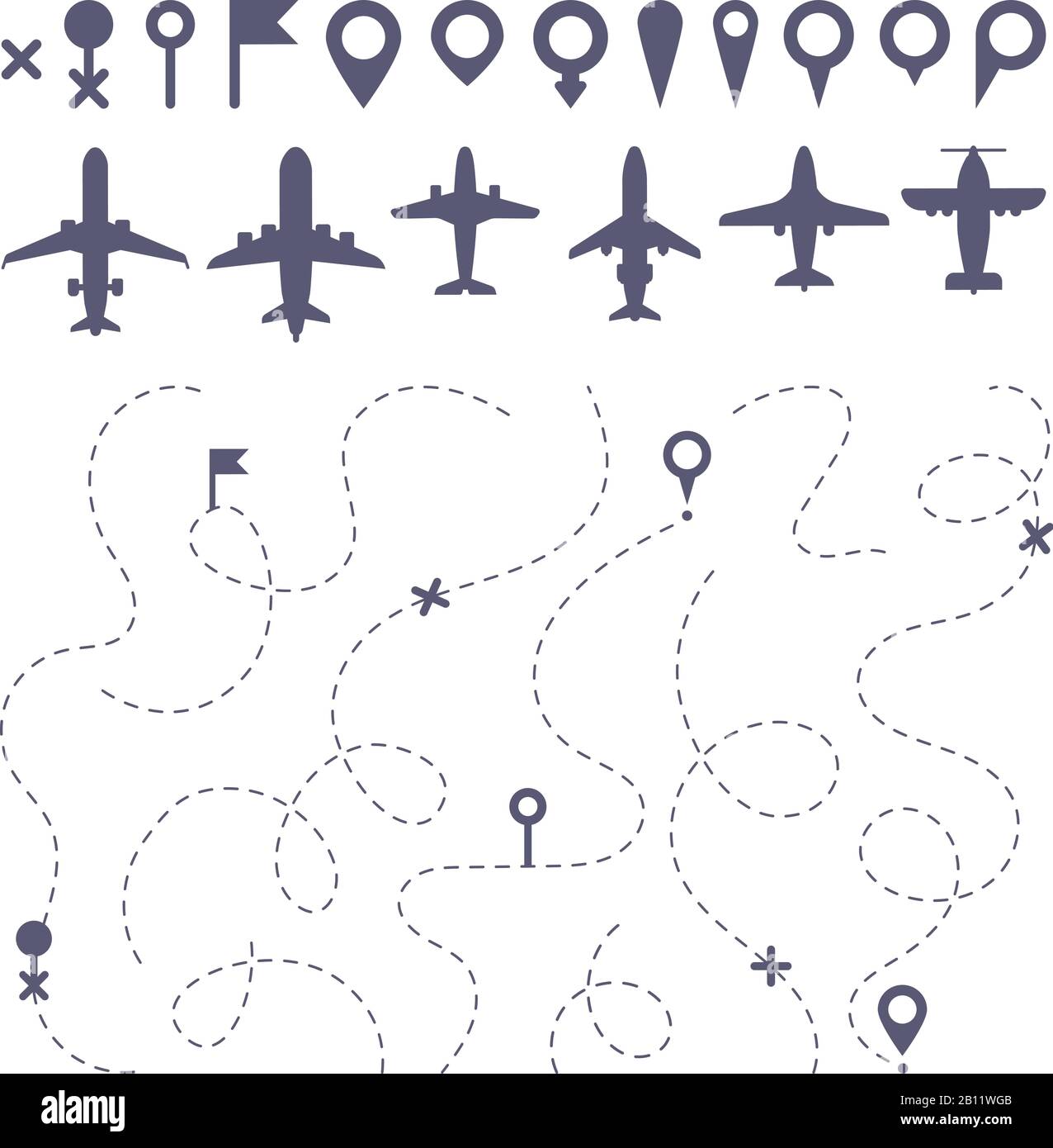 Línea de recorrido de plano. Planos líneas punteadas direcciones de camino, ruta de vuelo dirección mapa constructor y iconos de avión vector conjunto Ilustración del Vector