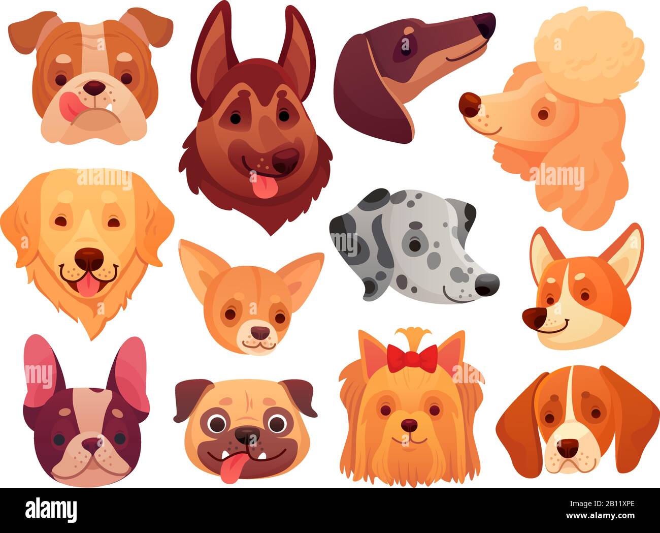 Cara de perro linda. Cachorros mascotas, perros animales razas y cachorros cabezas vector ilustración conjunto Ilustración del Vector