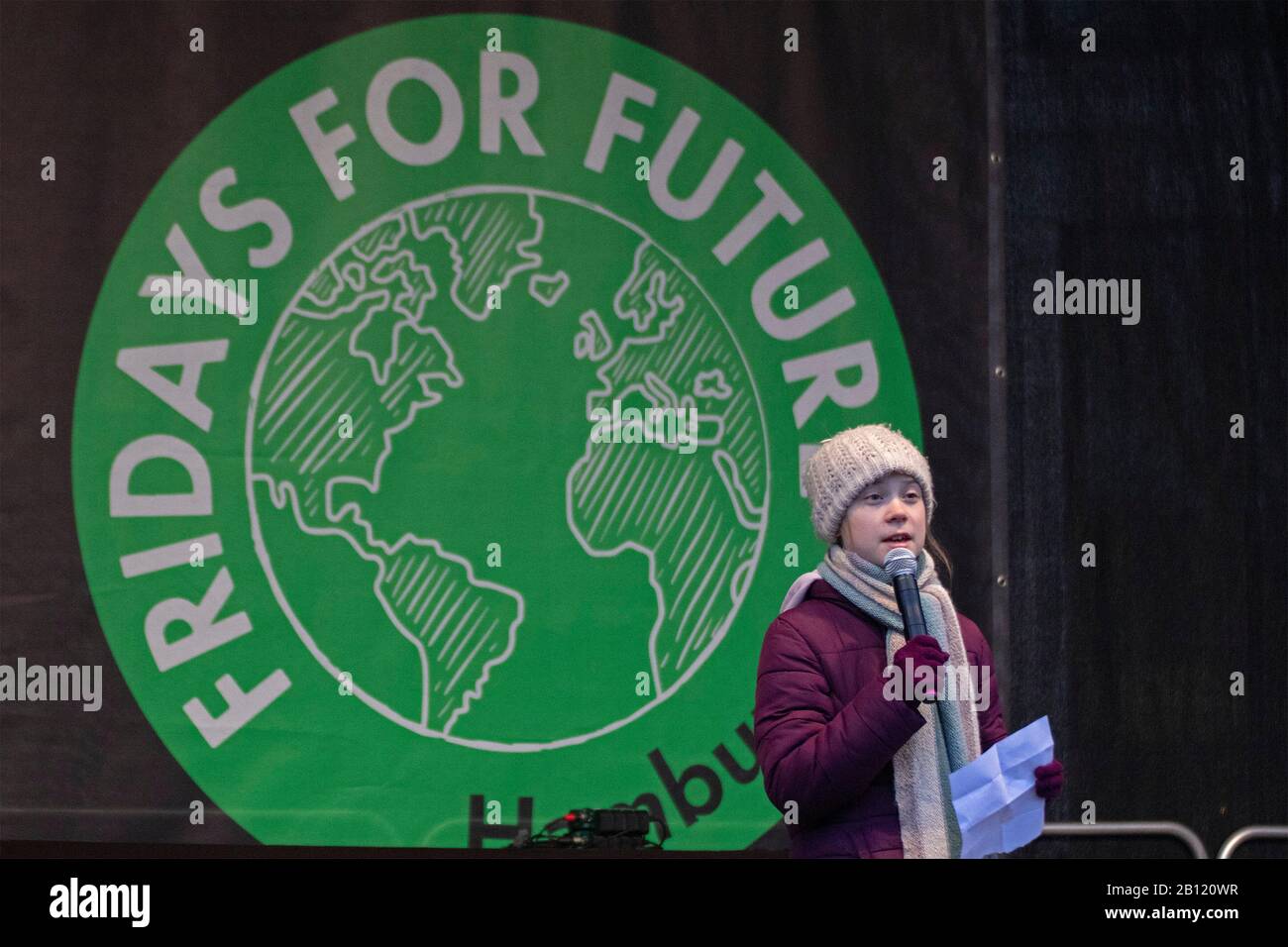 Greta Thunberg pronunciando un discurso los viernes Para una futura manifestación en Hamburgo, Alemania, el 21 de febrero de 2020 Foto de stock