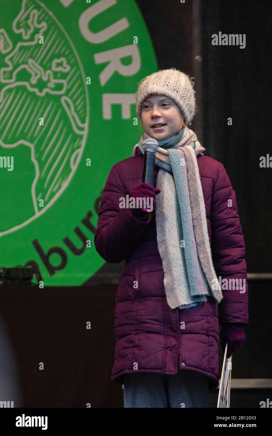 Greta Thunberg pronunciando un discurso los viernes Para una futura manifestación en Hamburgo, Alemania, el 21 de febrero de 2020 Foto de stock