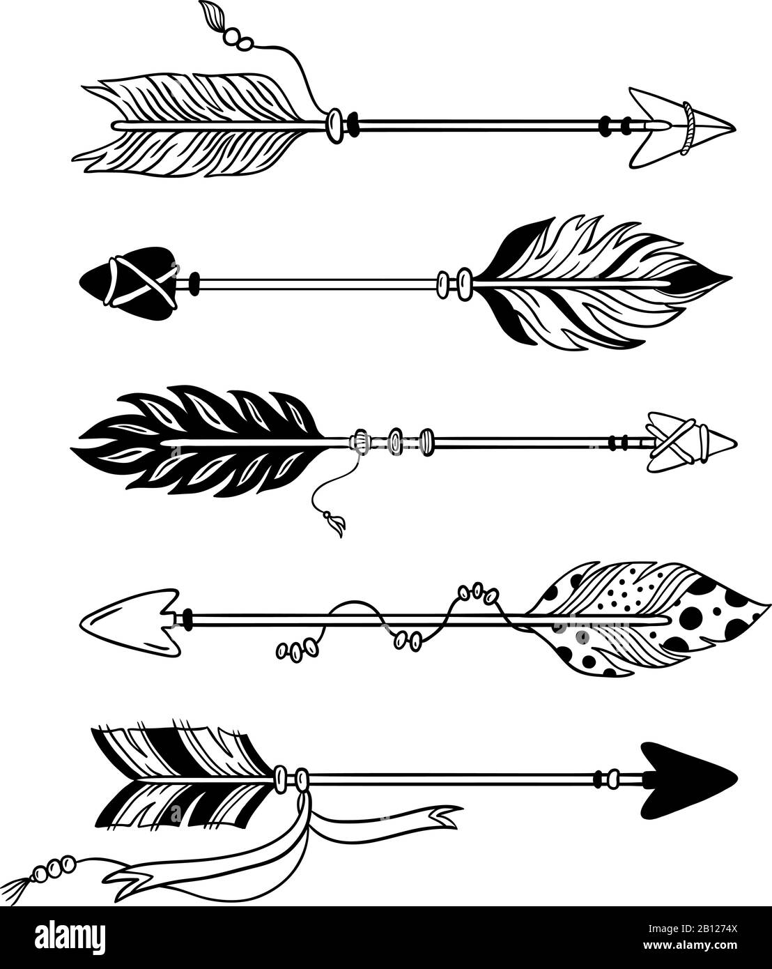 Flechas étnicas. Flecha de pluma dibujada a mano, plumas tribales en el  puntero y arco decorativo boho conjunto de vectores aislados Imagen Vector  de stock - Alamy
