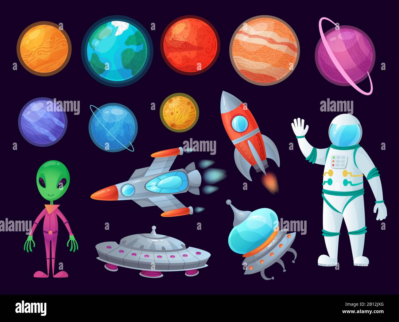 Elementos de espacio. ovni alienígena, planeta universo y cohetes de misiles. Planetas juego diseño dibujos animados gráficos vector conjunto de elementos Ilustración del Vector