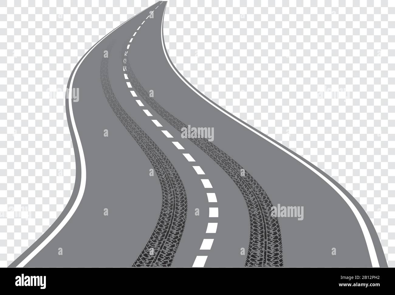 La carretera sinuosa con las huellas de los neumáticos se entrecruza con las marcas de la carretera. Ilustración del Vector
