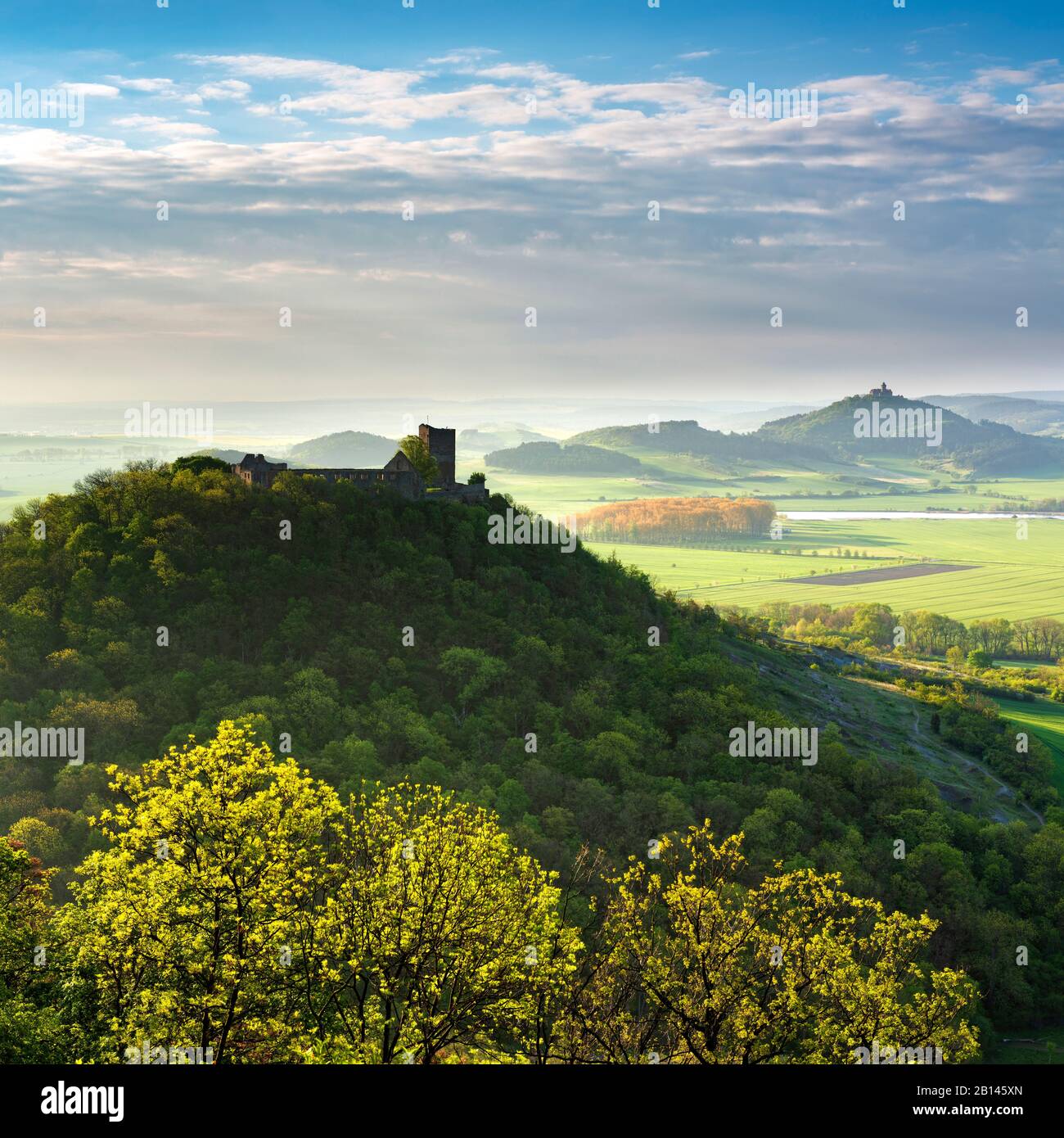 Vista de las ruinas del castillo de Gleichen y de la fortaleza de Wachsenburg, luz de la mañana, Drei Gleichen, Wandersleben, Turingia, Alemania Foto de stock