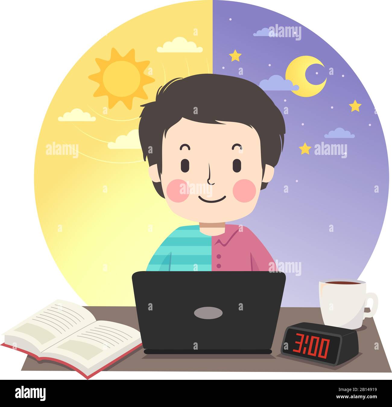 Ilustración de un chico adolescente Que Lleva Media camisa y media camiseta  y Estudia con ordenador portátil, libro y reloj de escritorio digital en la  mesa con el sol De La Mañana
