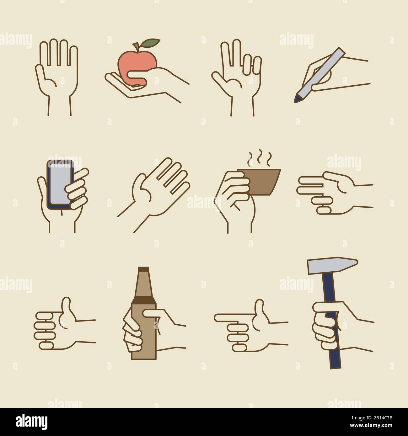 Iconos de líneas de mano vintage con manzana, botella, taza. Ilustración vectorial Ilustración del Vector