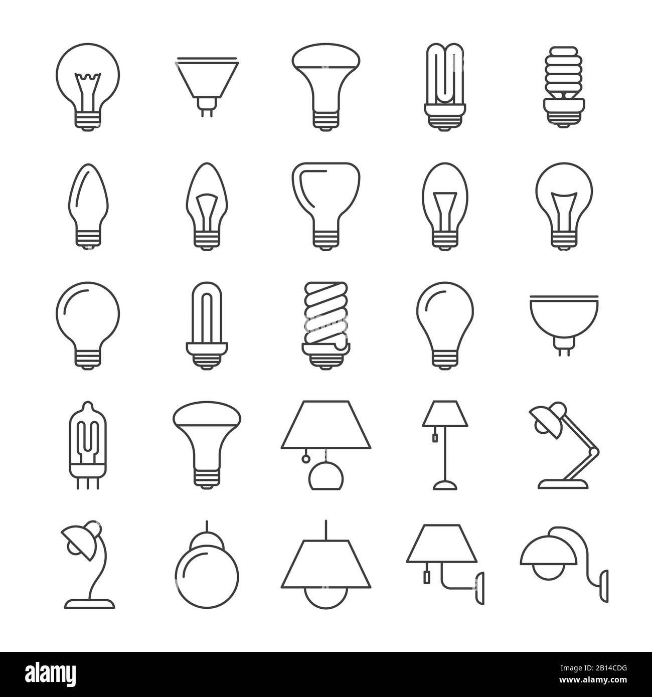 Colección de iconos de línea de lámparas y bombillas. Variación de lámpara de luz, vector de ilustración de mesa y pared Ilustración del Vector