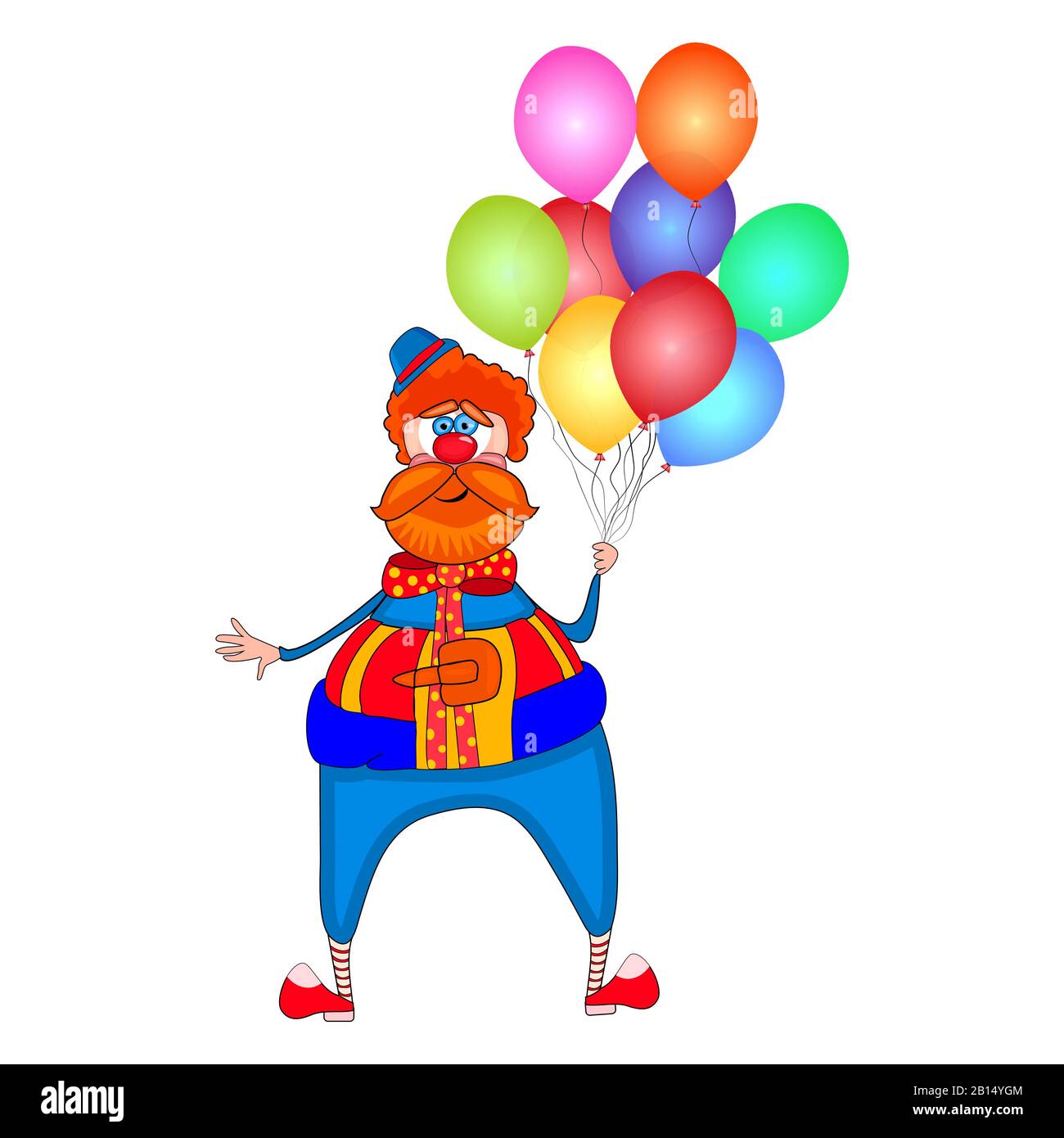 Payaso con globos coloridos aislados sobre fondo blanco. Día de nariz roja. Personaje de dibujos animados de payaso de circo. Abril día de los tontos con bufón. Vector de stock Imagen Vector Payaso con globos coloridos aislados sobre fondo blanco. Día de nariz roja. Personaje de dibujos animados de payaso de circo. Abril día de los tontos con bufón. Vector de stock Imagen Vector