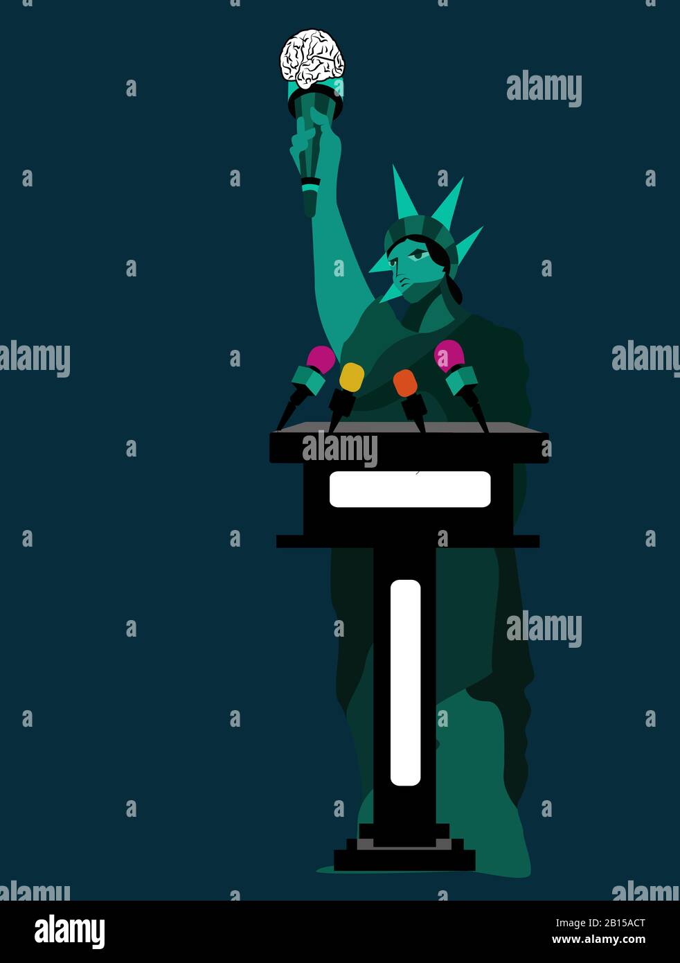 ilustración de la estatua de la libertad con una antorcha con un cerebro como una llama y spekaing para arriba Foto de stock