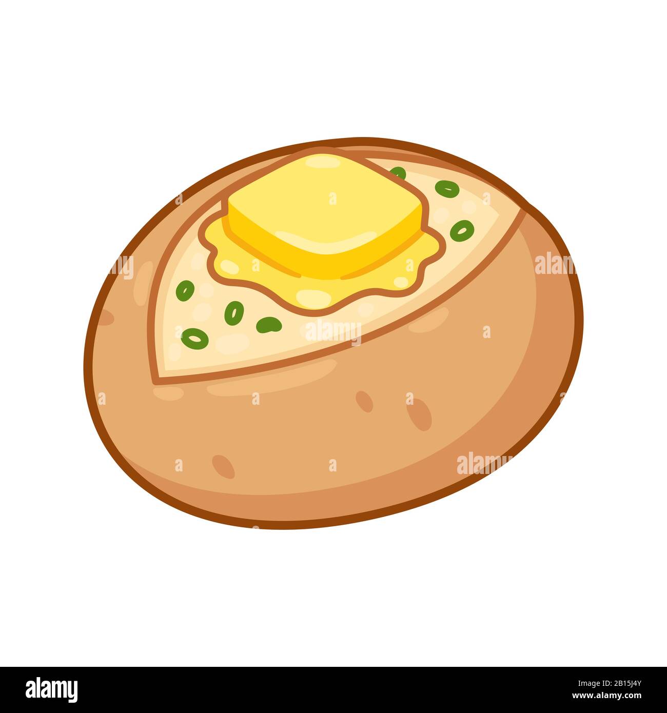 Patatas al horno con mantequilla y cebollino. Dibujo de dibujos animados de  la tradicional patata a la chaqueta con la piel y coberturas. Ilustración  de clip vectorial aislado Imagen Vector de stock -