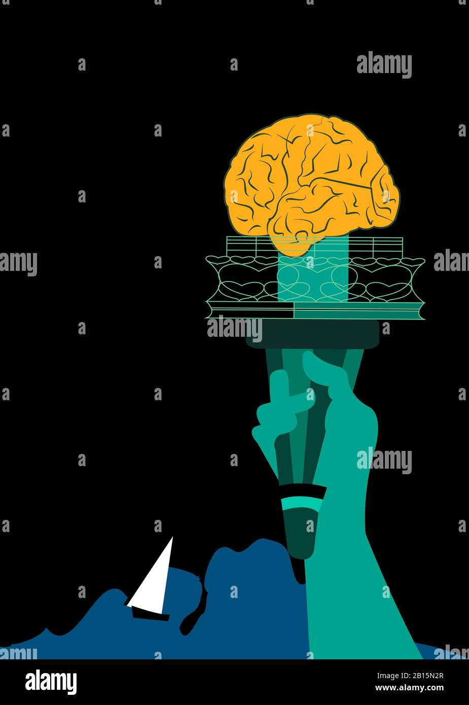 ilustración de la estatua de la libertad con una antorcha con un cerebro como una llama y un barco navegando Foto de stock
