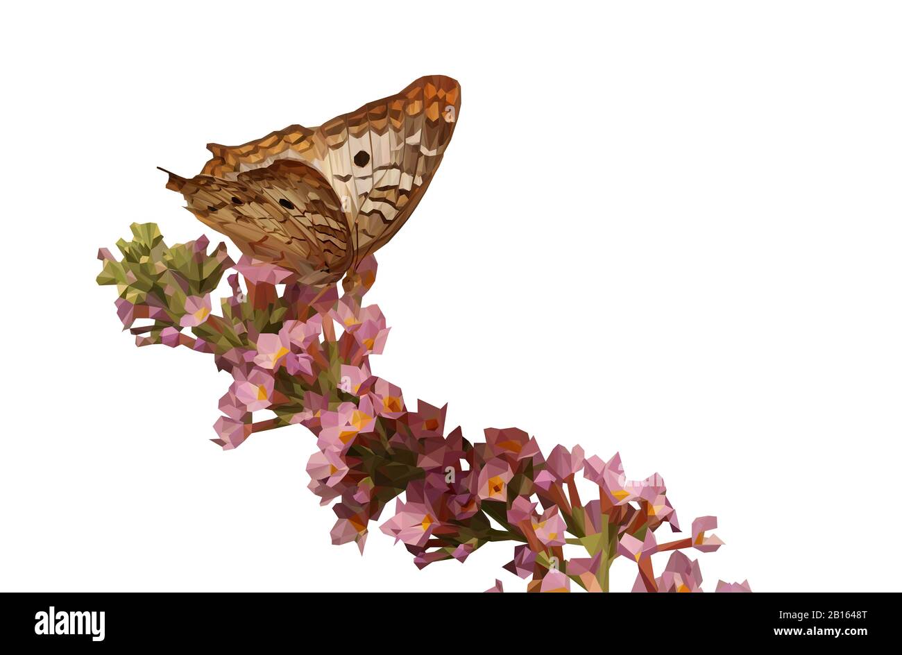 Bajo poli ilustración de una mariposa en un tallo de flores con fondo Foto de stock