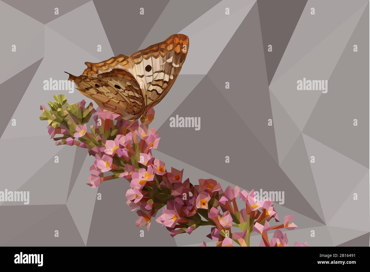 Bajo poli ilustración de una mariposa en un tallo de flores con fondo Foto de stock