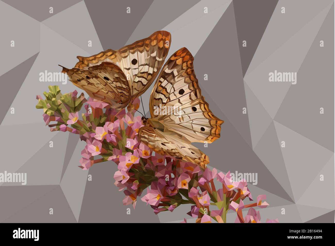 Bajo poli ilustración de mariposas en un tallo de flores con fondo Foto de stock