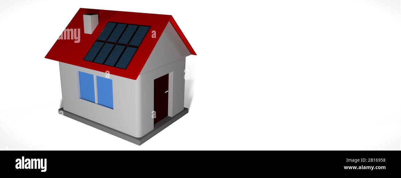 Modelo de casa Smal con paneles solares en el techo sobre fondo blanco.  ilustración de renderizado en 3d. Para los encabezados de las propiedades  inmobiliarias o la maqueta del volante Fotografía de