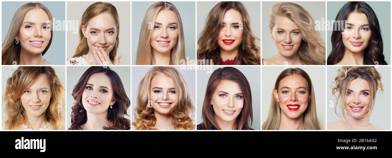 Collage de caras bonitas. Caras de mujeres felices y amigables, retratos de  emociones positivas Fotografía de stock - Alamy
