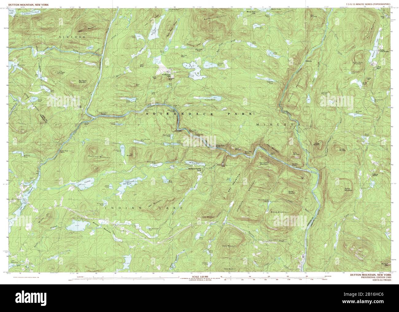 Vista muy detallada del mapa topográfico 1989 de Dutton Mountain, NY Foto de stock