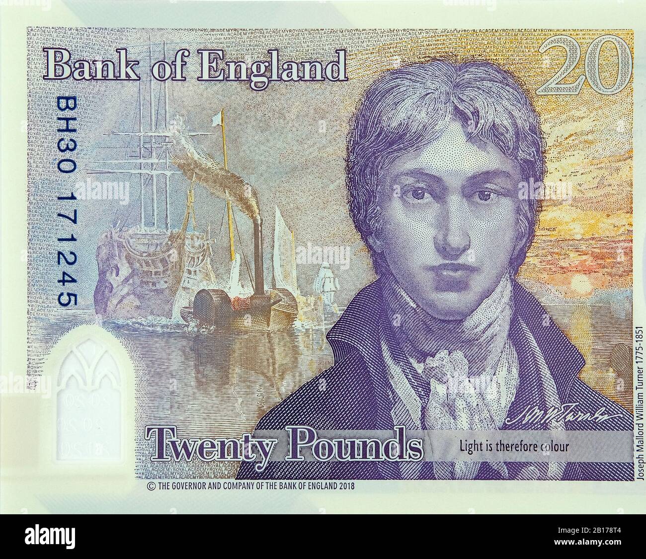 Nuevo billete de polímero británico de 20 libras con Turner lanzado en febrero de 2020 en el Reino Unido. Foto de stock