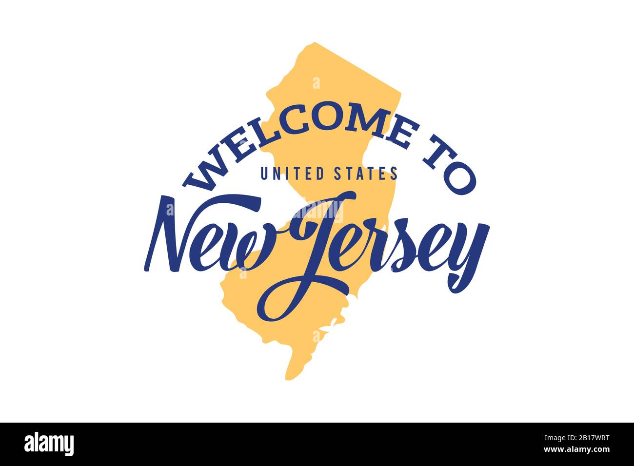 Bienvenido Al nuevo TEXTO de Jersey Word, Ilustración de diseño de fuentes creativas, signo de bienvenida con un mapa Ilustración del Vector