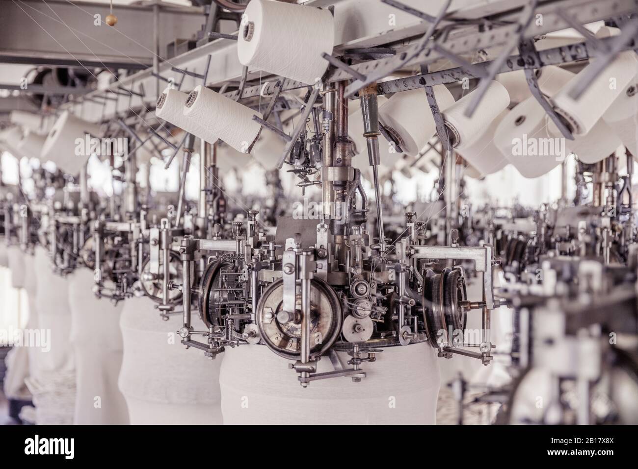 Carretes de algodón blanco en una máquina de una fábrica Foto de stock
