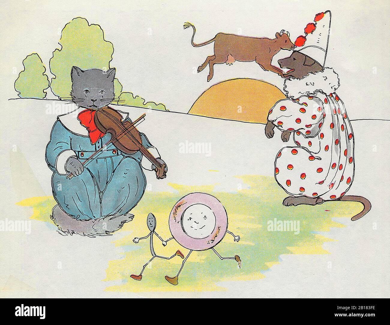 ¡Hey, diddle, diddle! El gato y el violín - la verdadera Madre Goose Nursery Rhyme Ilustración por Blanche Fisher Wright circa 1915 Foto de stock