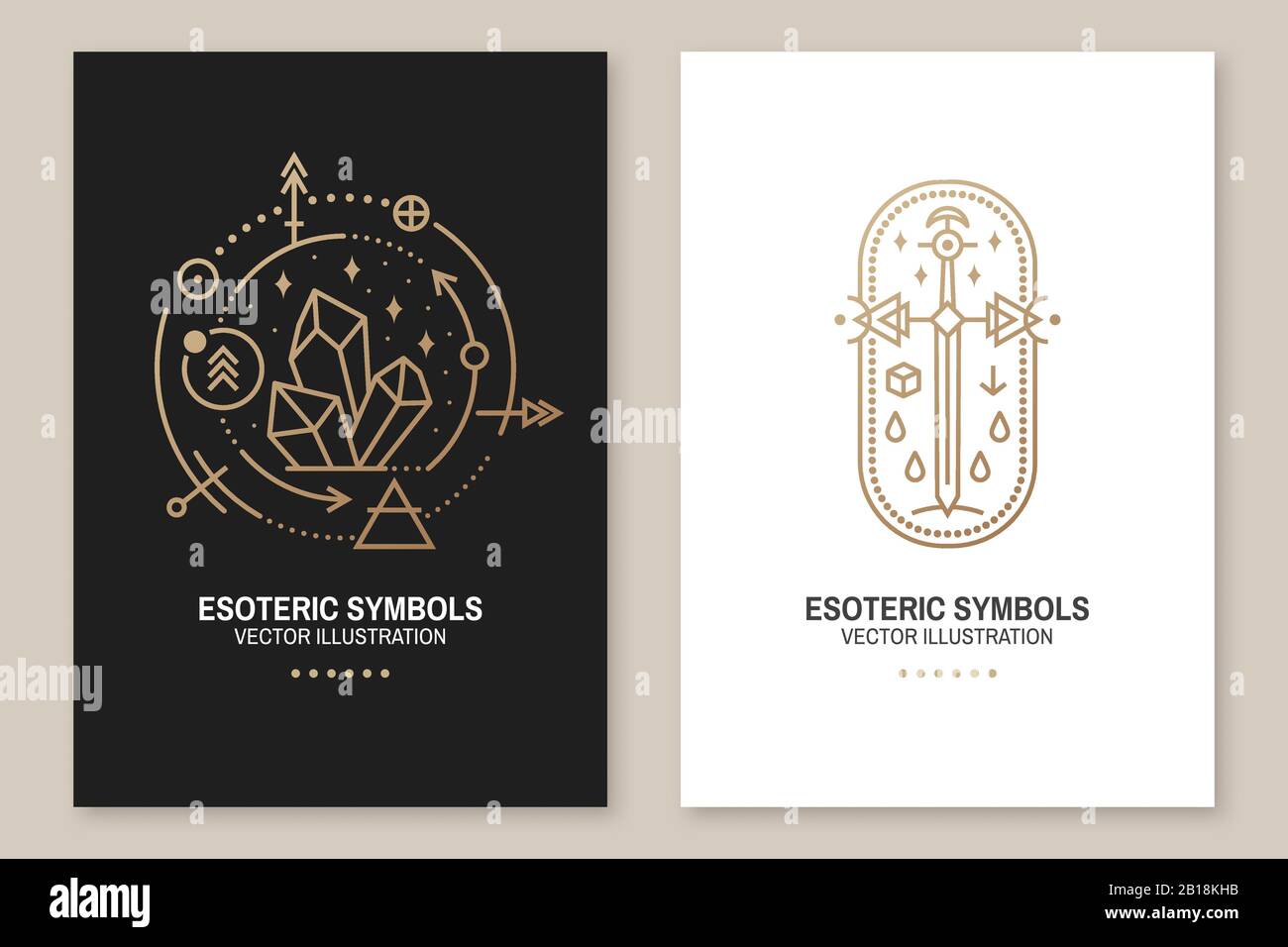 Símbolos esotéricos de oro. Ilustración vectorial. Insignia geométrica de línea fina. Icono de contorno para alquimia o geometría sagrada. Diseño místico y mágico con cristales, sol, estrella, espada vieja y luna Ilustración del Vector