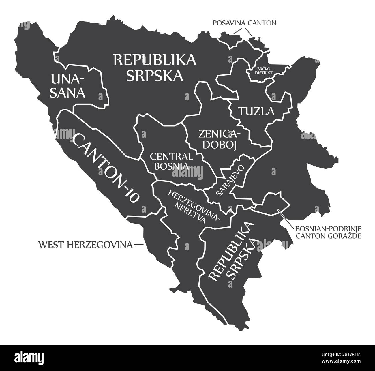 Mapa de Bosnia y Herzegovina con cantones y etiquetas negras Imagen