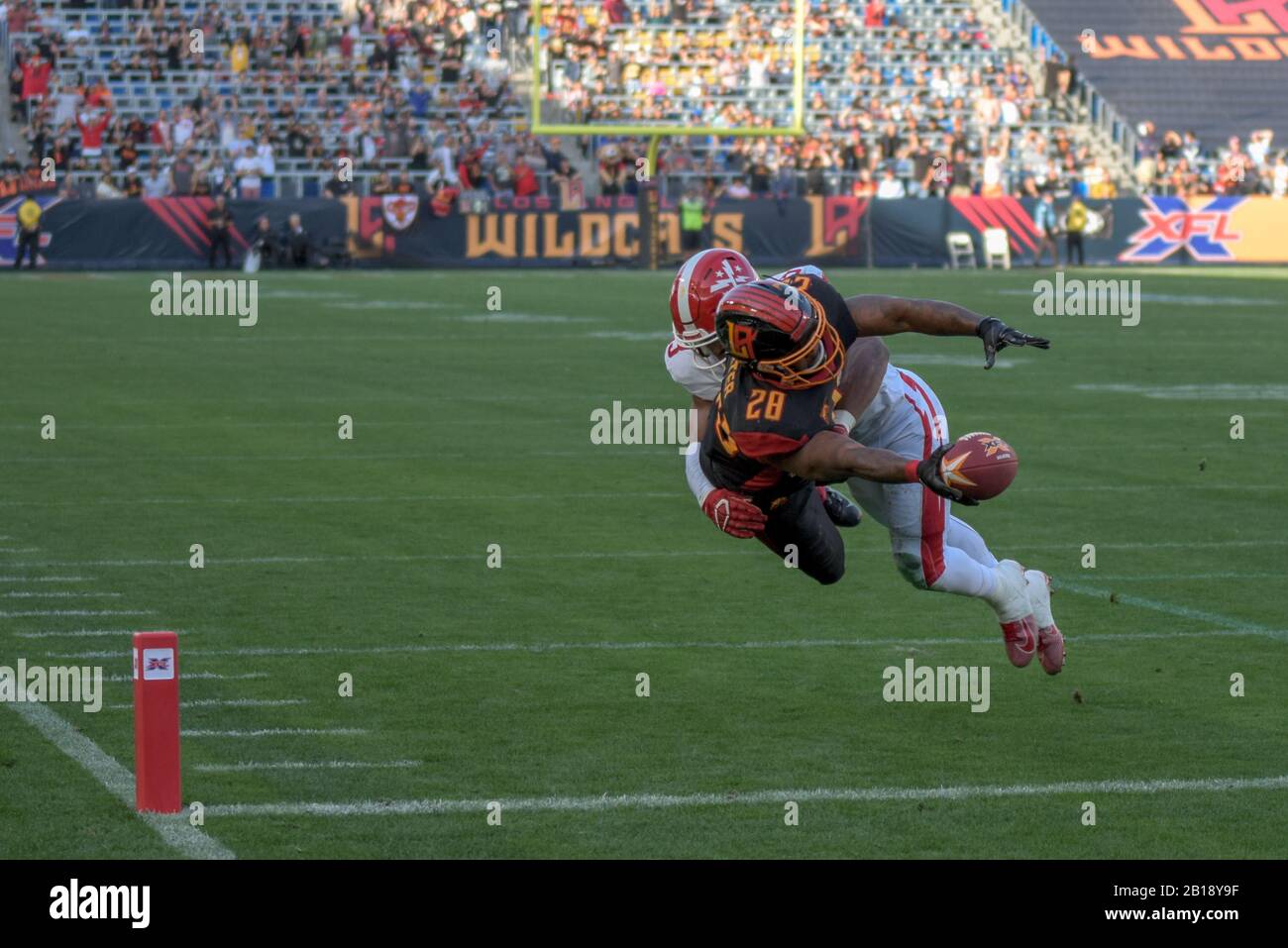 Carson, California, EE.UU. 23 de febrero de 2020. 28 Martez Carter anotando durante el juego XFL D.C. Defenders vs. Los Angeles Wildcats el 23 de febrero de 2020. Crédito: Dalton Hamm/Zuma Wire/Alamy Live News Foto de stock