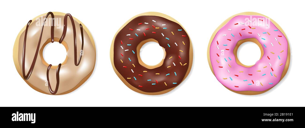 Conjunto de donuts aislados sobre blanco. Sabrosas rosadas coloridas y brillantes con glaseado rosa y chocolate. Ilustración realista del vector del donut redondo. Ilustración del Vector