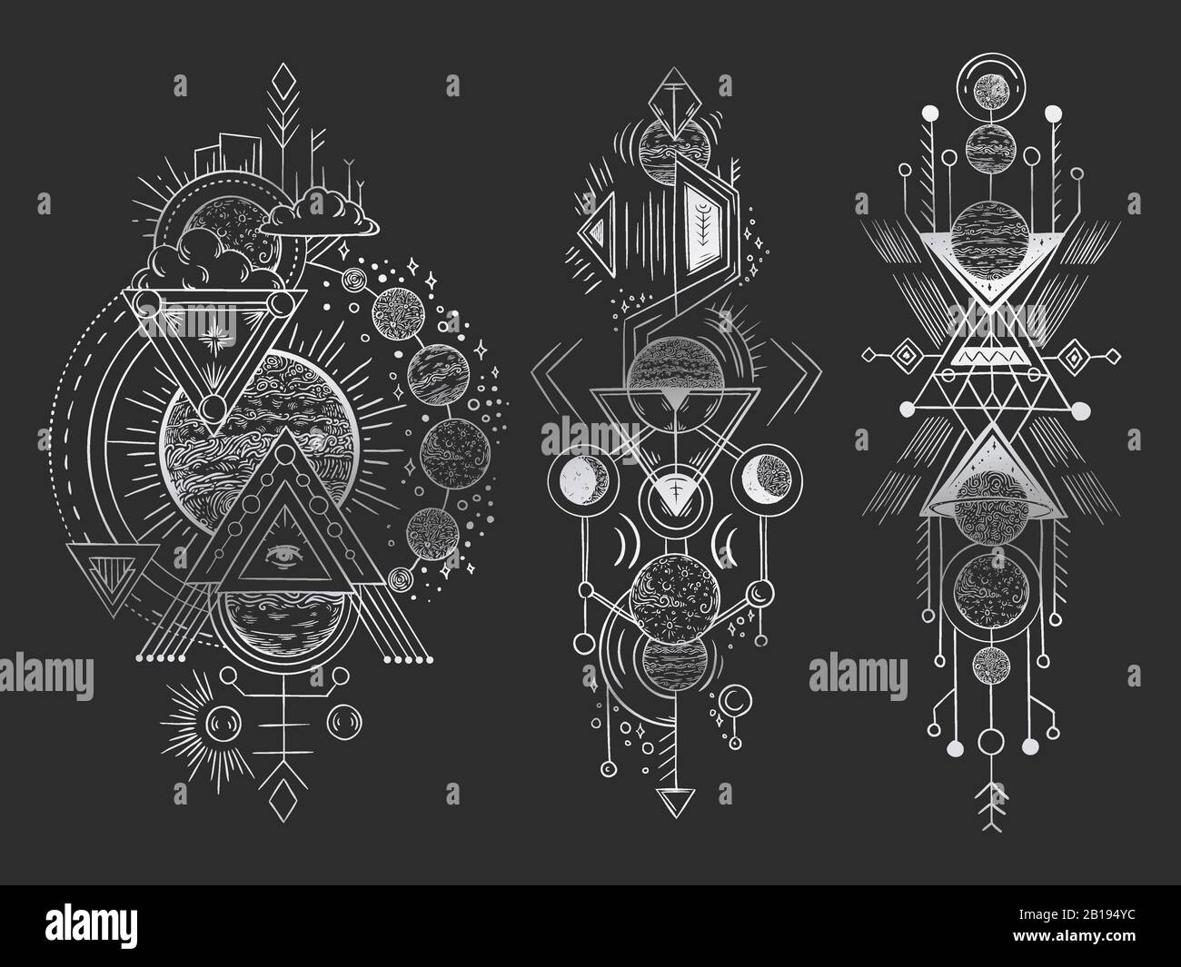 Tatuaje mágico abstracto. Sagrada luna geométrica, la revelación mística flechas líneas y la armonía misticismo mano dibujado ilustración vectorial Imagen Vector de stock - Alamy