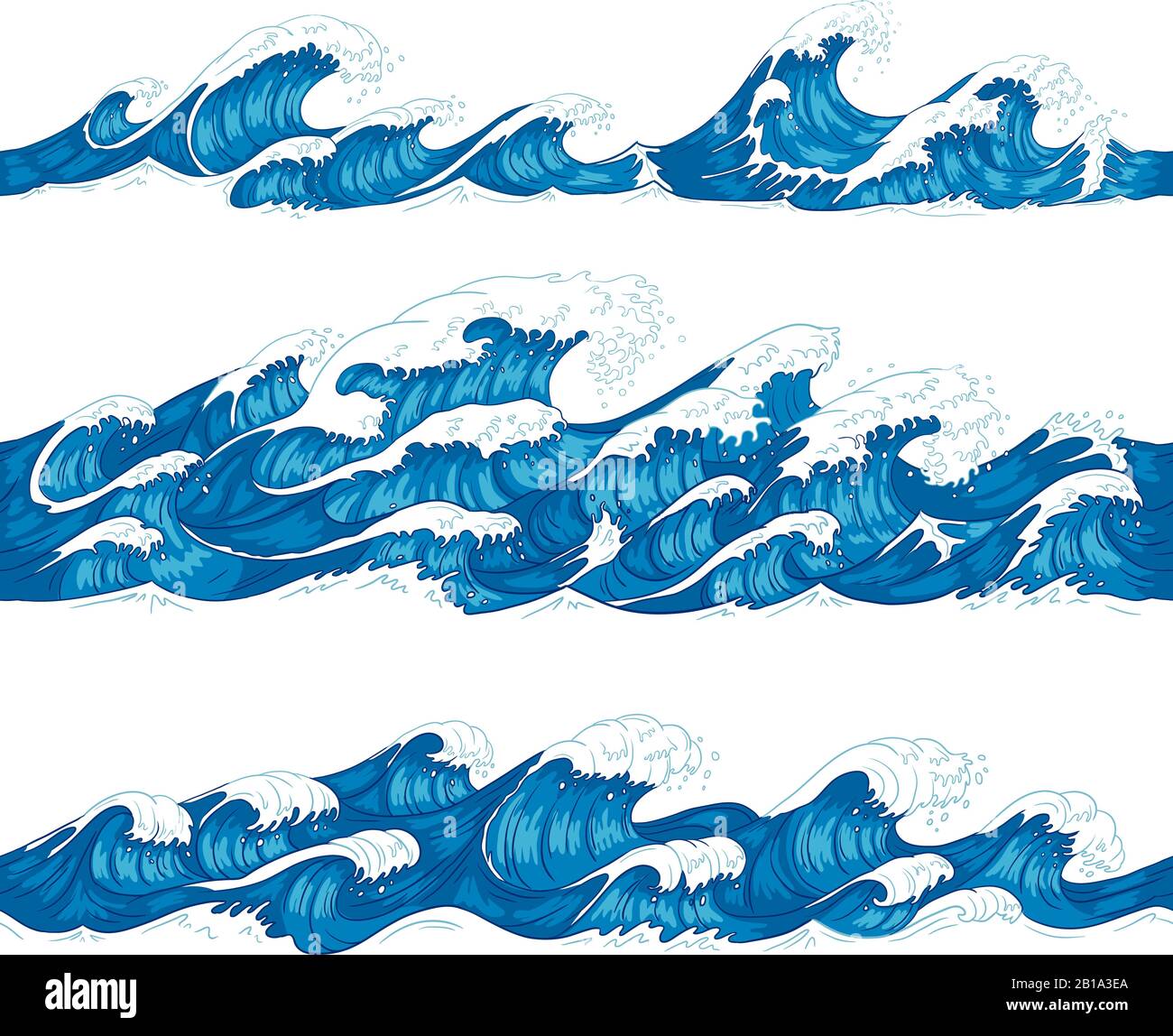 Olas del océano sin costuras. Surf de mar, ola de surf decorativa y patrón de agua dibujado a mano dibujo vector ilustración conjunto Ilustración del Vector