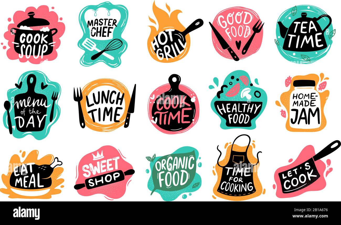 Letras de comida para cocinar. Logotipos de placas de cocina, tipografía de alimentos para hornear y juego vectorial de etiquetas para cocinar Ilustración del Vector