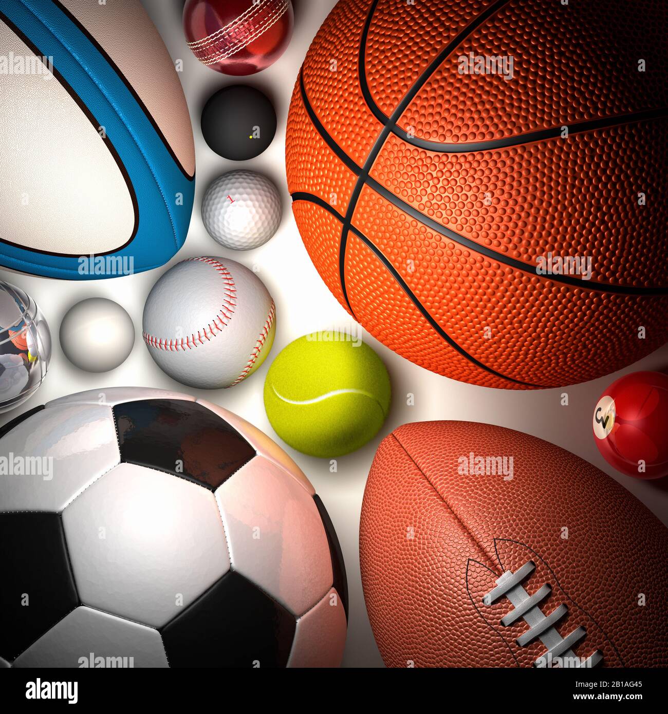 Bolas de varios deportes disparadas desde arriba. Familia de bolas. Fútbol, baloncesto, tenis, rugby, béisbol, grotball, golf, squash, petanca, piscina, tenis de mesa Foto de stock