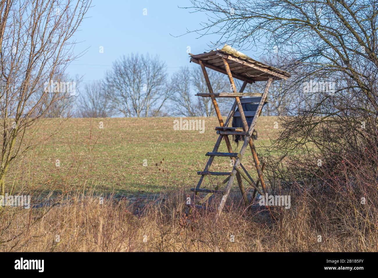 Punto de observación de vida silvestre - Ceguera elevada o torre de caza cerca de la pradera Foto de stock