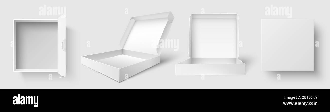 Embalaje para pizza. Caja de pizzas con tapa abierta, cajas de paquetes vacías y paquetes de entrega Mockup 3d conjunto de ilustración vectorial aislado Ilustración del Vector