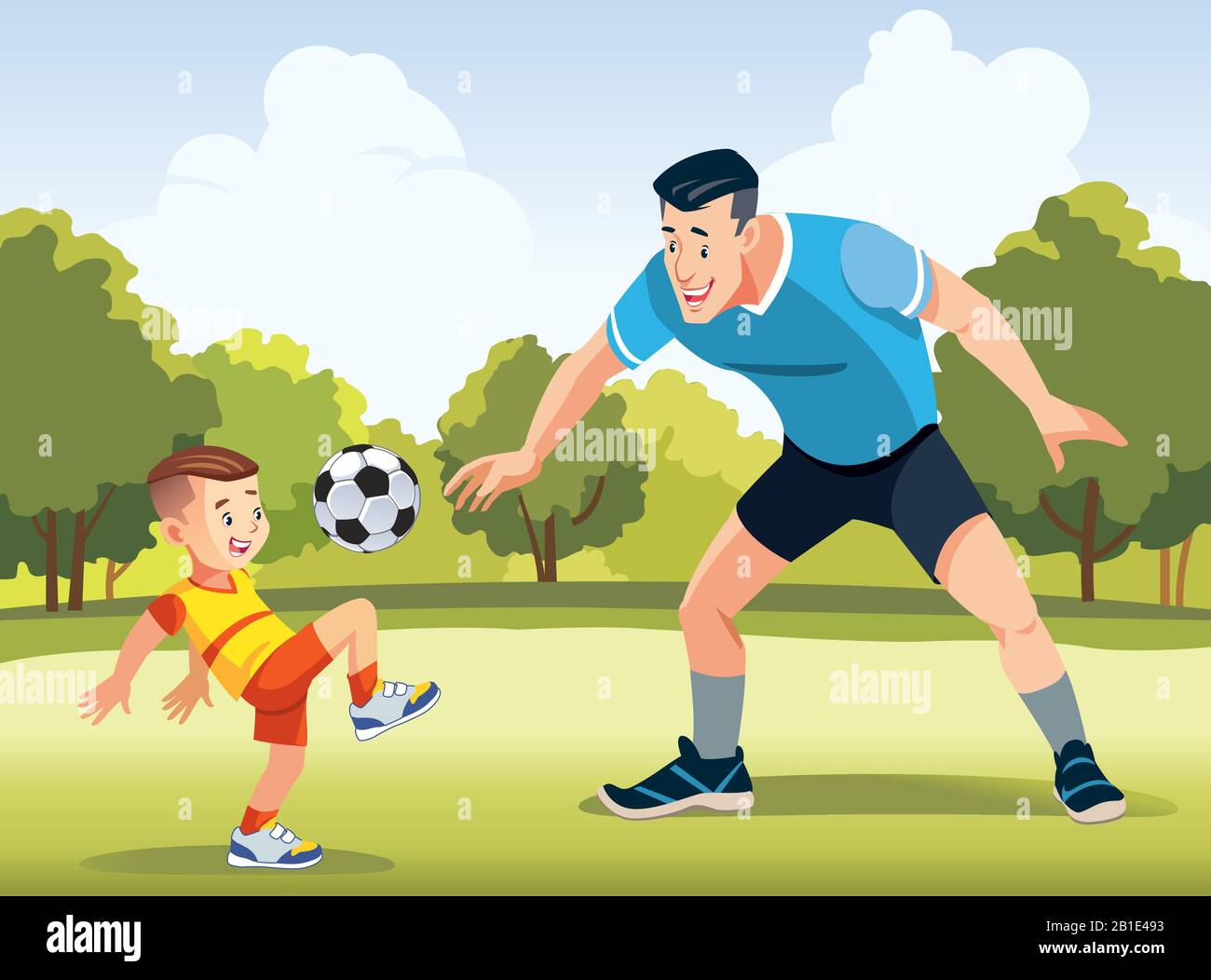 Padre joven con su hijo pequeño jugando al fútbol en el campo de fútbol a  la hora del día. Concepto de familia amigable. Feliz día del padre. Vector  Imagen Vector de stock -
