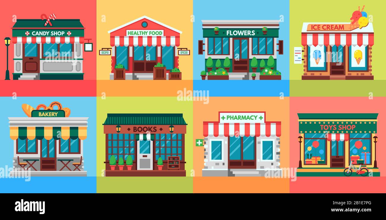 Las fachadas de las tiendas locales. Las puertas de la tienda de comestibles, el antiguo edificio de la tienda boutique y las tiendas minoristas fachada de vector plano Ilustración del Vector