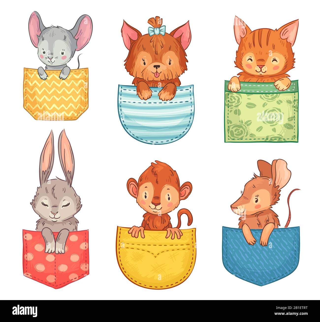 Animales de bolsillo de dibujos animados. Lindo perro, gracioso gato y conejito. Mono, ratón y rata animal en bolsillos vector ilustración conjunto Ilustración del Vector