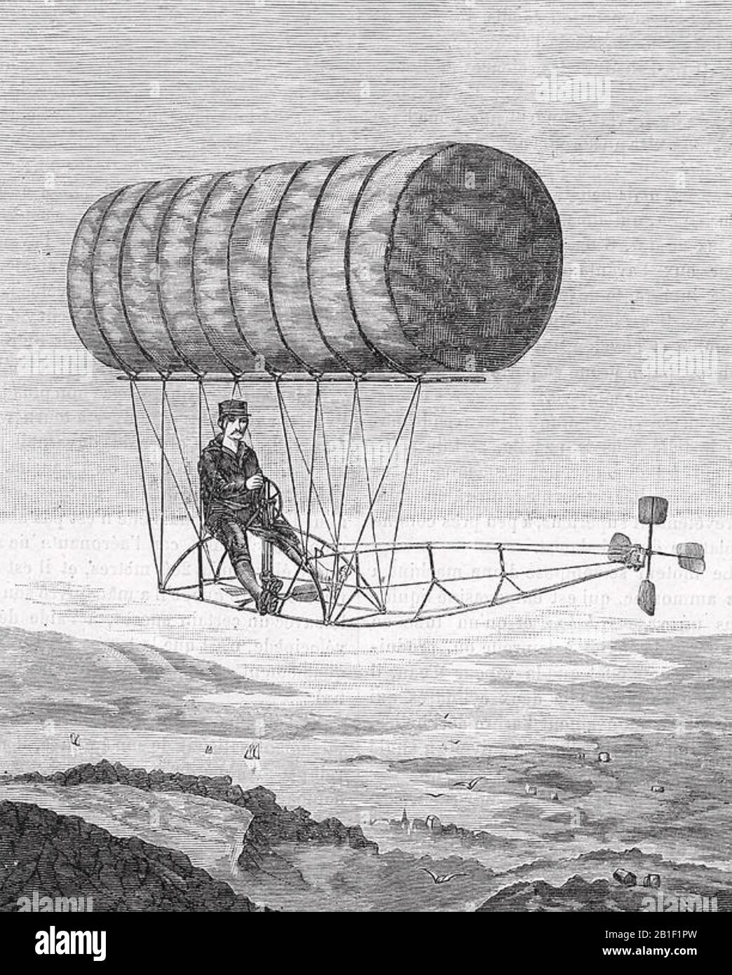 Charles RITCHEL (1844-1911) inventor estadounidense en su dirigible en 1878 Foto de stock
