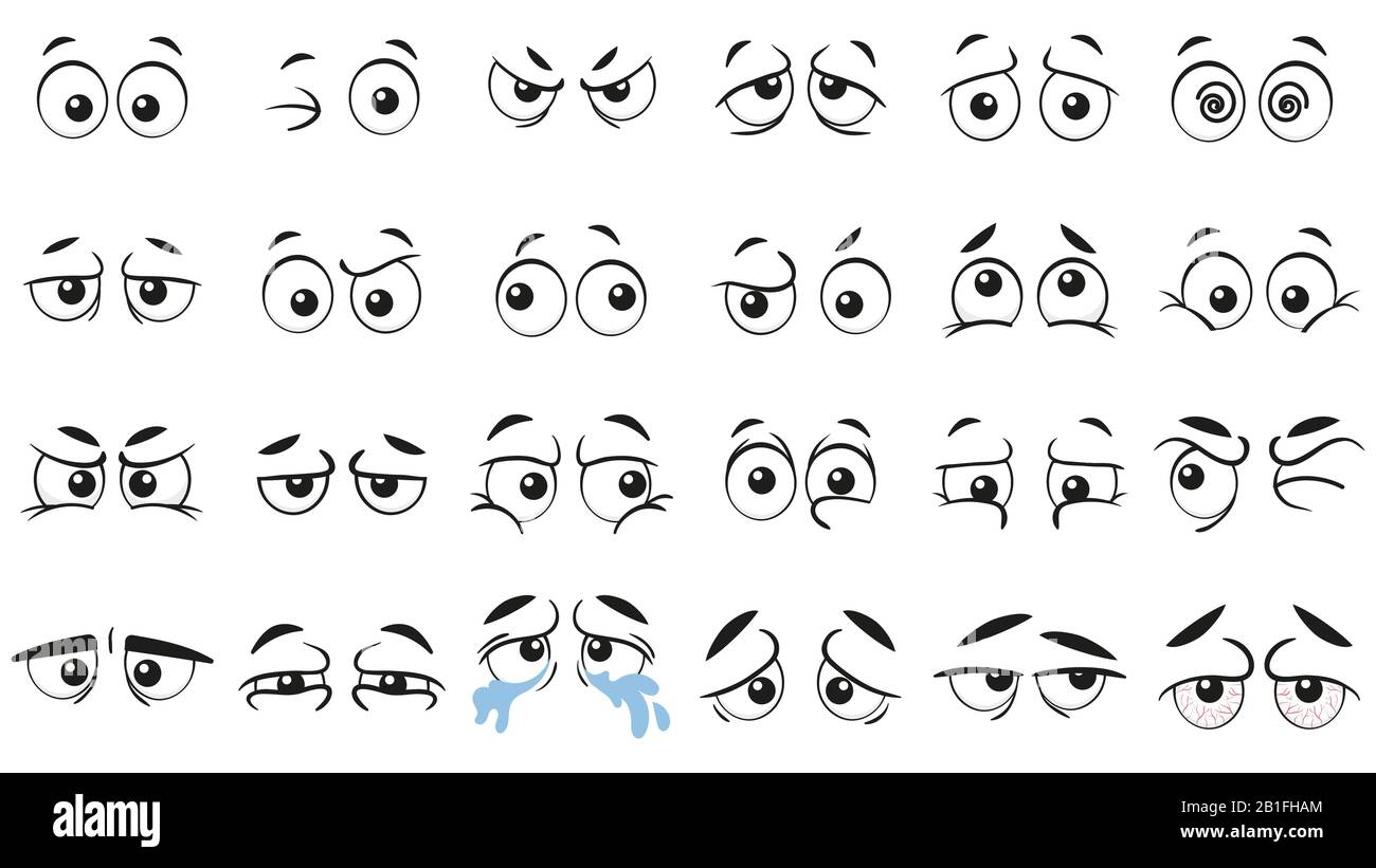 Divertidos ojos de dibujos animados. Ojo humano, enojado y feliz ojos  faciales expresiones vector ilustración conjunto Imagen Vector de stock -  Alamy