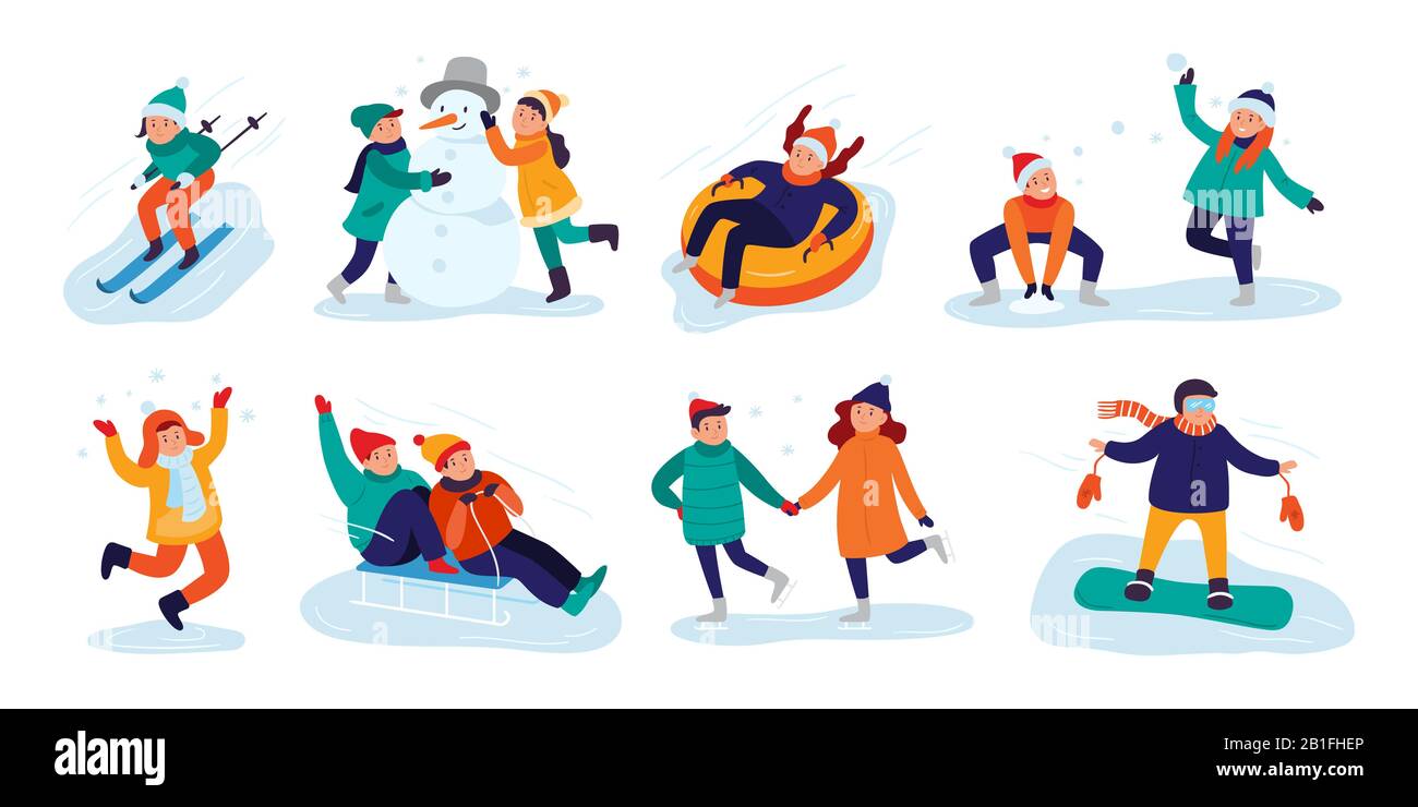 Actividades de invierno para niños. Juegos de nieve, niñas y niños  sonriendo en invierno ropa divertida al aire libre vector ilustración  conjunto Imagen Vector de stock - Alamy