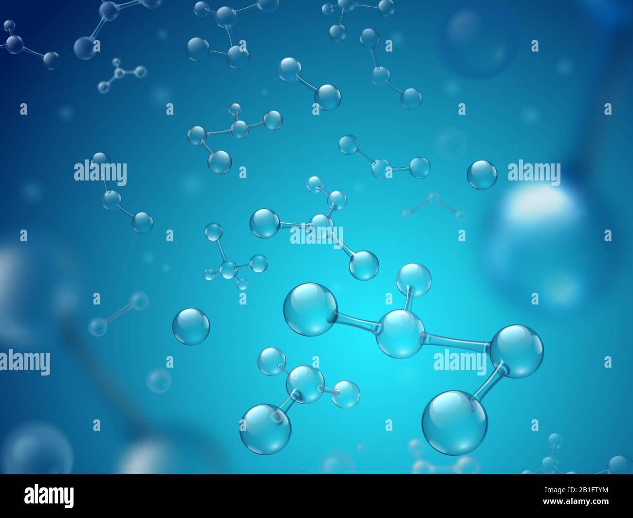 Moléculas de ácido hialurónico. Ilustración del vector 3d de los productos químicos hidratados, la estructura molecular y la molécula esférica azul Ilustración del Vector