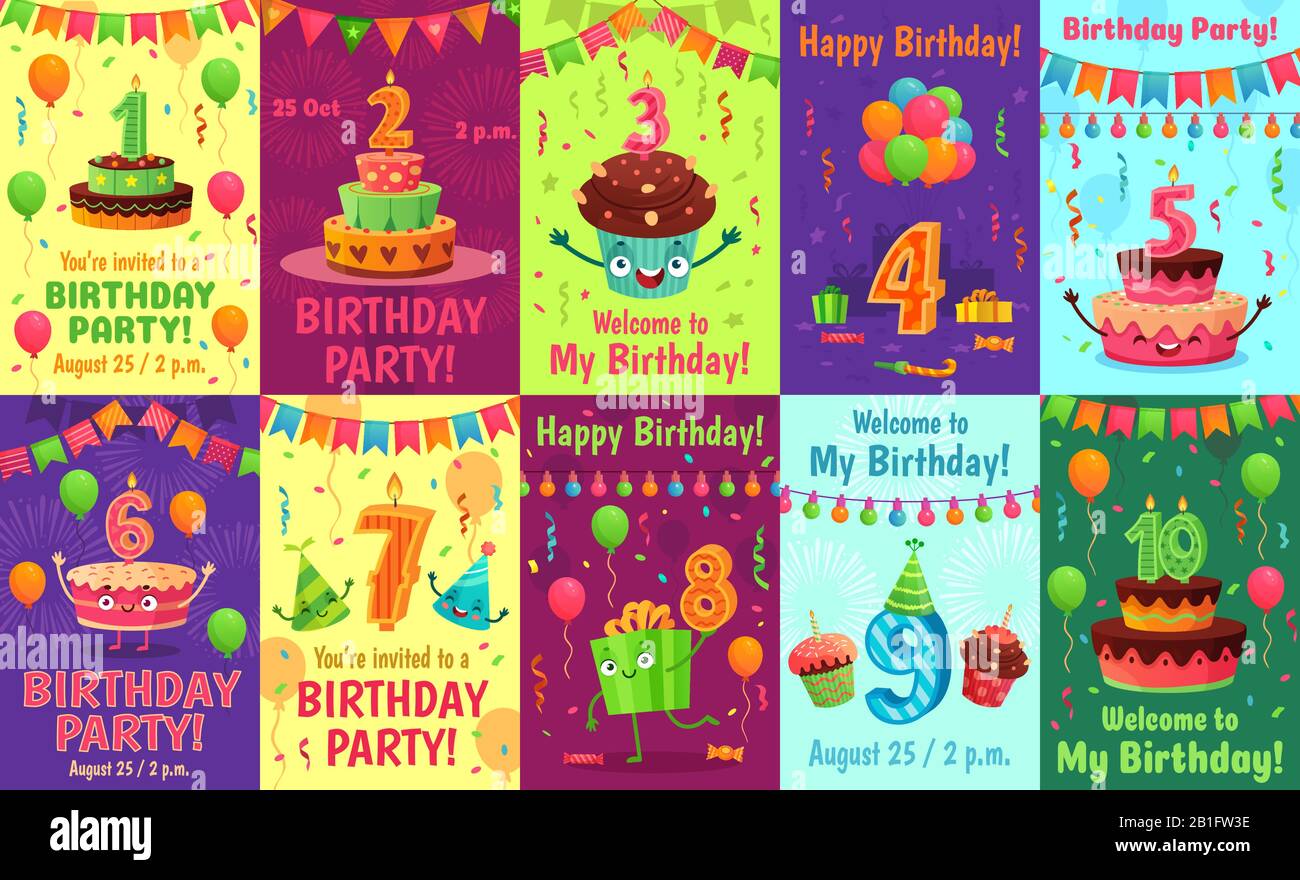 Tarjeta de felicitación de aniversario de dibujos animados. Números de cumpleaños, invitación a la celebración y fiesta pastel número velas cartel vector conjunto Ilustración del Vector