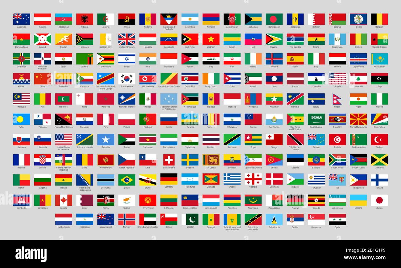 Banderas nacionales mundiales. Señales oficiales de país, emblemas de europa, asia y américa países bandera vector plano Ilustración del Vector
