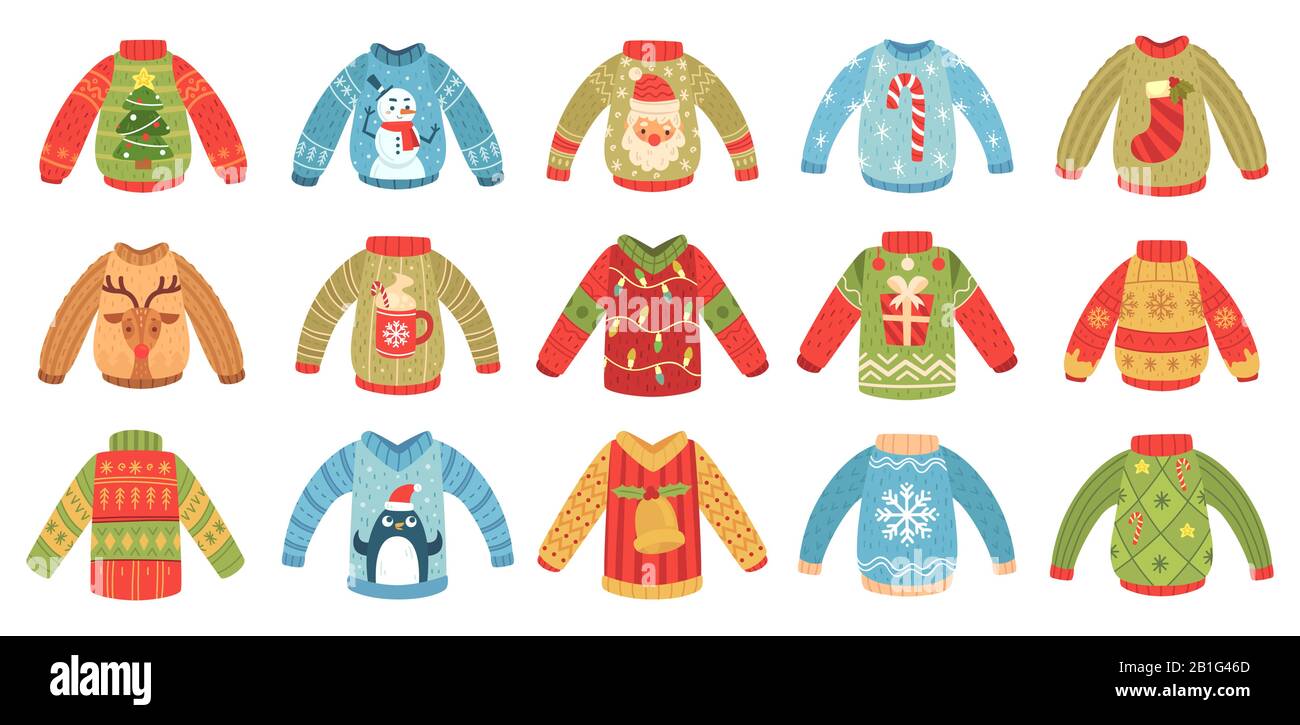 animados christmas suéteres Jersey de fiesta de Navidad, suéter de punto de con Santa y árbol de Navidad aislado vector conjunto Imagen Vector de stock - Alamy