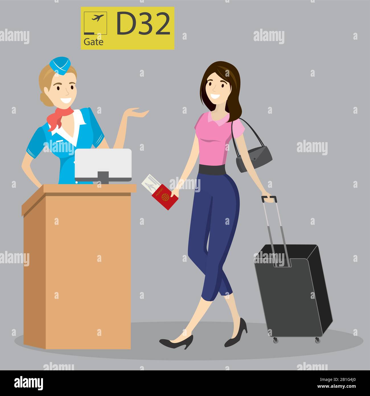 Cartoon caucásica pasajero con maleta y bolsa caminando en las salidas,  número de puerta y tripulación de cabina en el aeropuerto. Chica de belleza  tirando de suitcas Imagen Vector de stock -